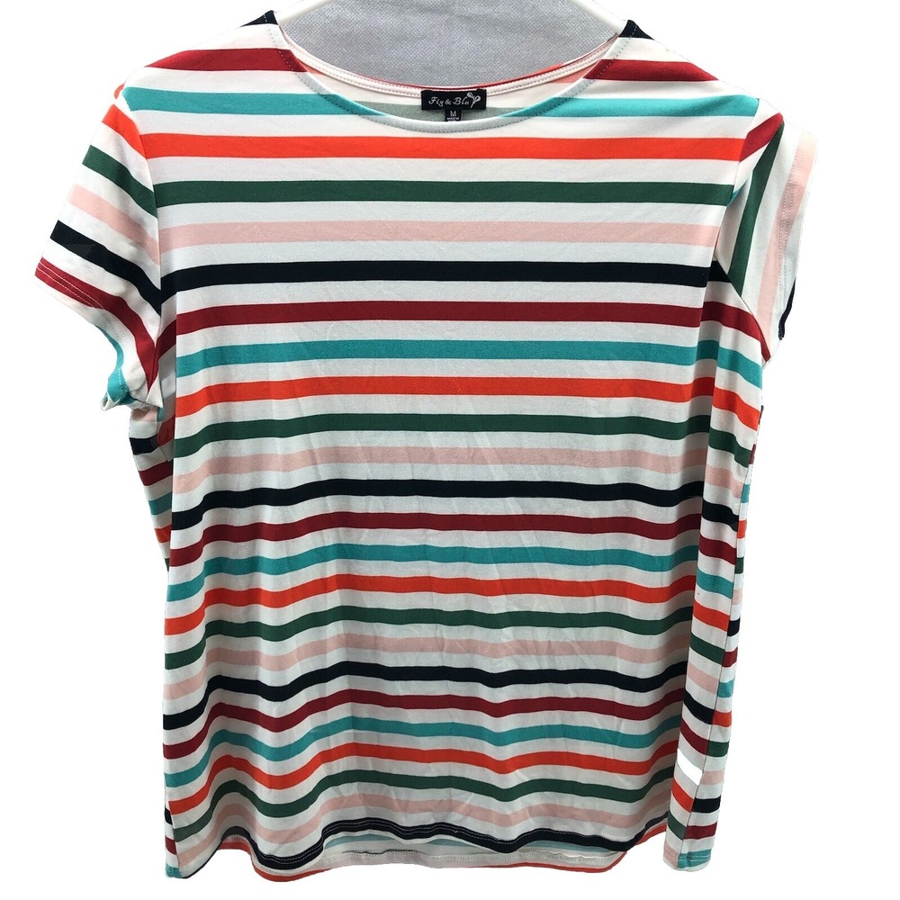 Fig & Blu Women's shirt M 70s‎ Color wheel multicolor horizontal stripe scoop